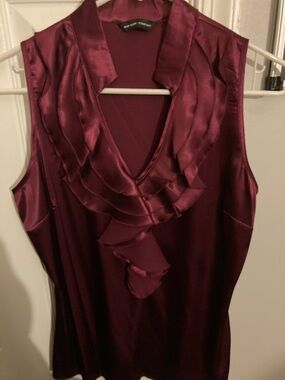 New York & Company Satin Ruffle V-Neck Top - Wine